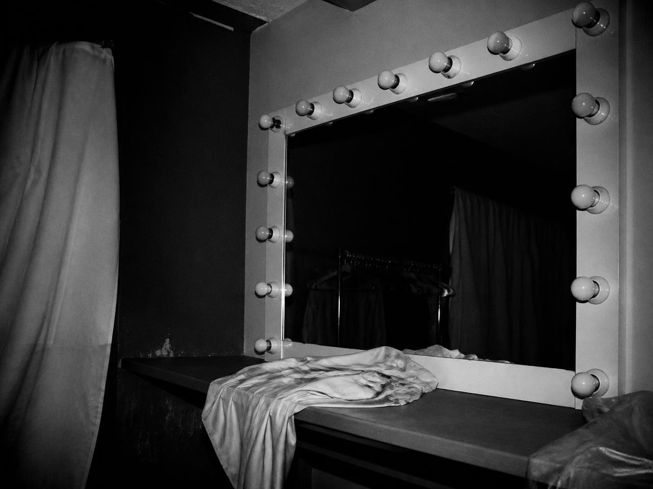 Empty backstage dressing room mirror